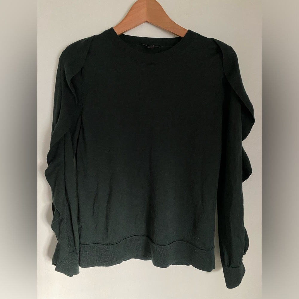 COS Wool Ruffled Long Sleeve Green Sweater Size Small Holiday Party Christmas - Picture 2 of 5